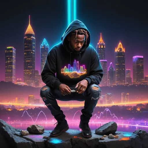 Prompt: Background of a futuristic version of Atlanta city skyline, (highly detailed), (vibrant neon lights). A black man with locs, wearing a black hoodie and black jeans, both his hands are holding a broken rock, with pieces of the rock falling to the ground.