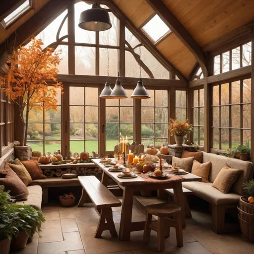 Prompt: Earthy dining room in a sunroom with a fireplace, very cozy like a hobbit hole with natural wood and soft light and nature outside set in fall 