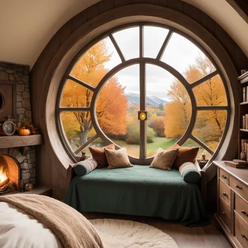 Prompt: A cozy, king bedroom that is a mix between hogwarts and the hobbit with a big fluffy bed and an fireplace with a reading corner and earthy feels and a round window that has a window seat  with natural soft light, nature and trees outside set in autumn.  