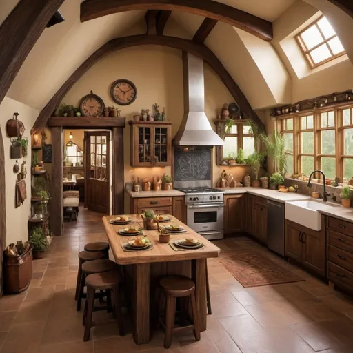 Prompt: A cozy, kitchen and living area in a home that is a mix between hogwarts and the hobbit with earthy feels and natural light but modern conveniences. 