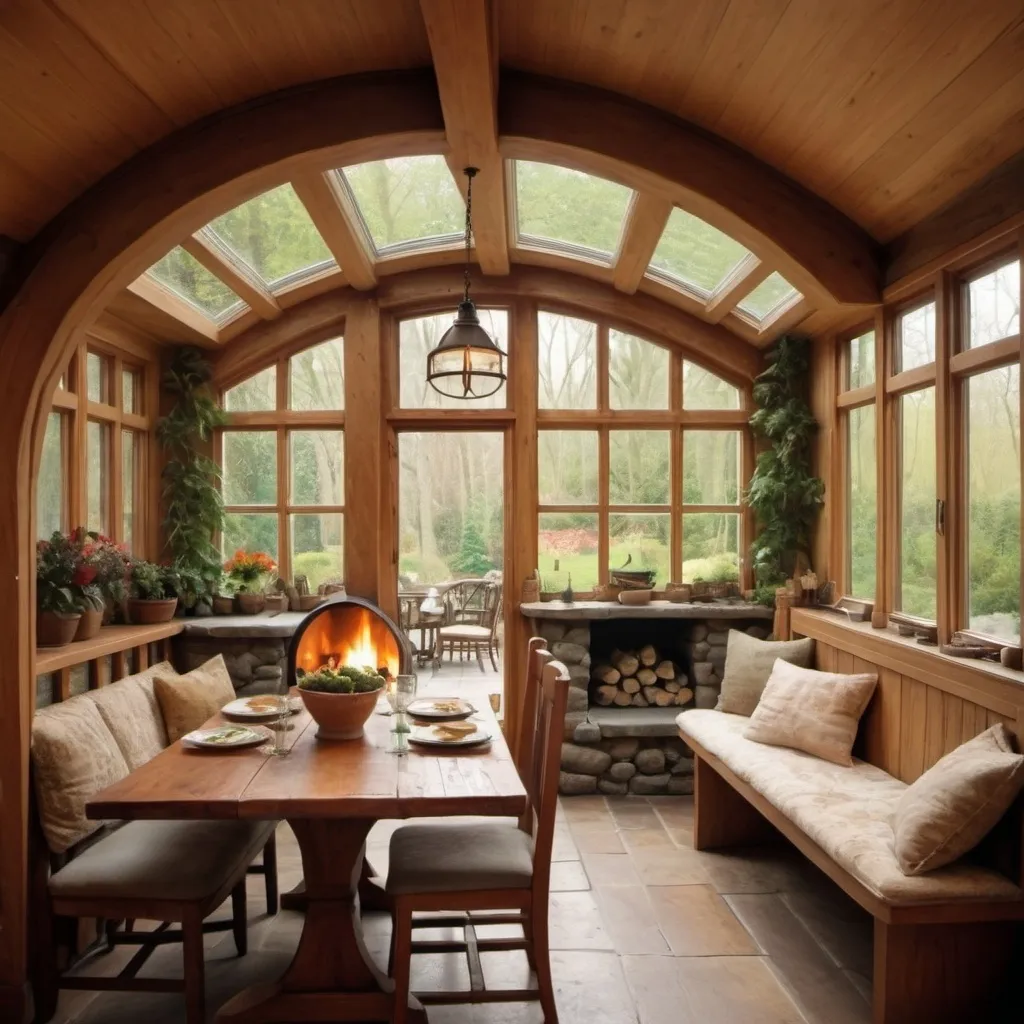 Prompt: dining room in a sunroom with a fireplace, very cozy like a hobbit hole with natural wood and soft light and nature outside 