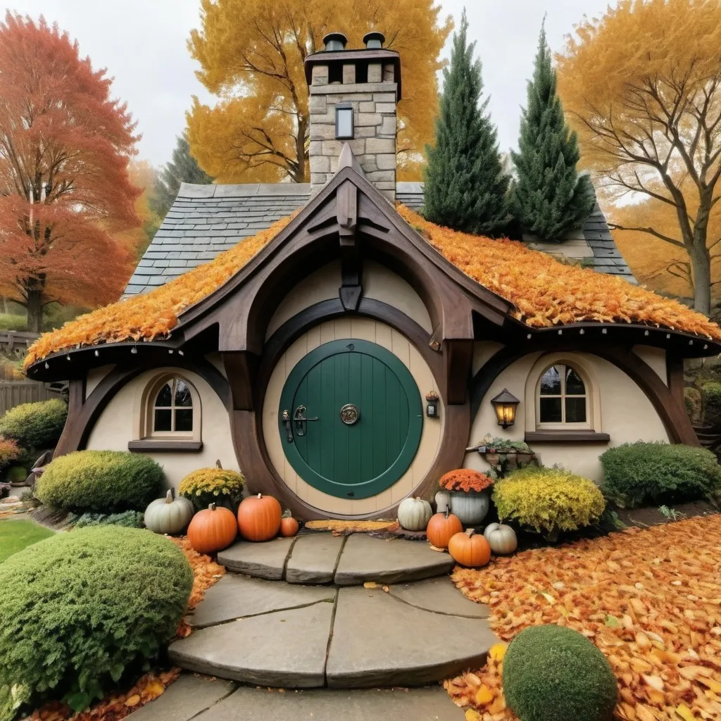 Prompt: A cozy home that is a mix between hogwarts and a hobbit hole with a huge yard and lots of trees set in autumn with a lot of leaves in the ground, overcast day 