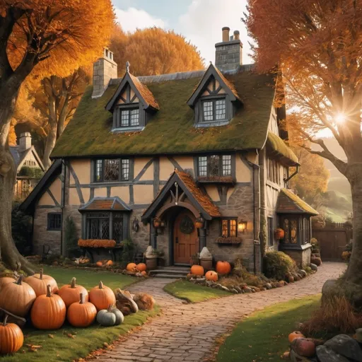 Prompt: A cozy home that has an old world hogwarts feel with a lot of character set in the shire in autumn