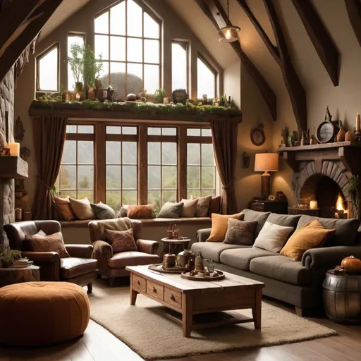 Prompt: A cozy, modern day living room that is a mix between hogwarts and the hobbit with earthy feels and natural light