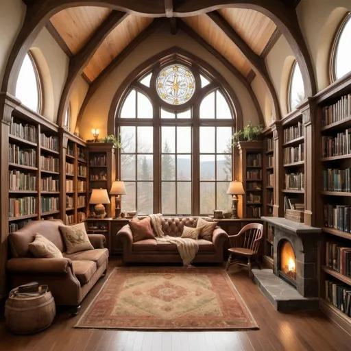 Prompt: A cozy, library that is a mix between hogwarts and the hobbit with earthy feels and natural light and a reading nook with a fireplace and a  loft and a window seat. 