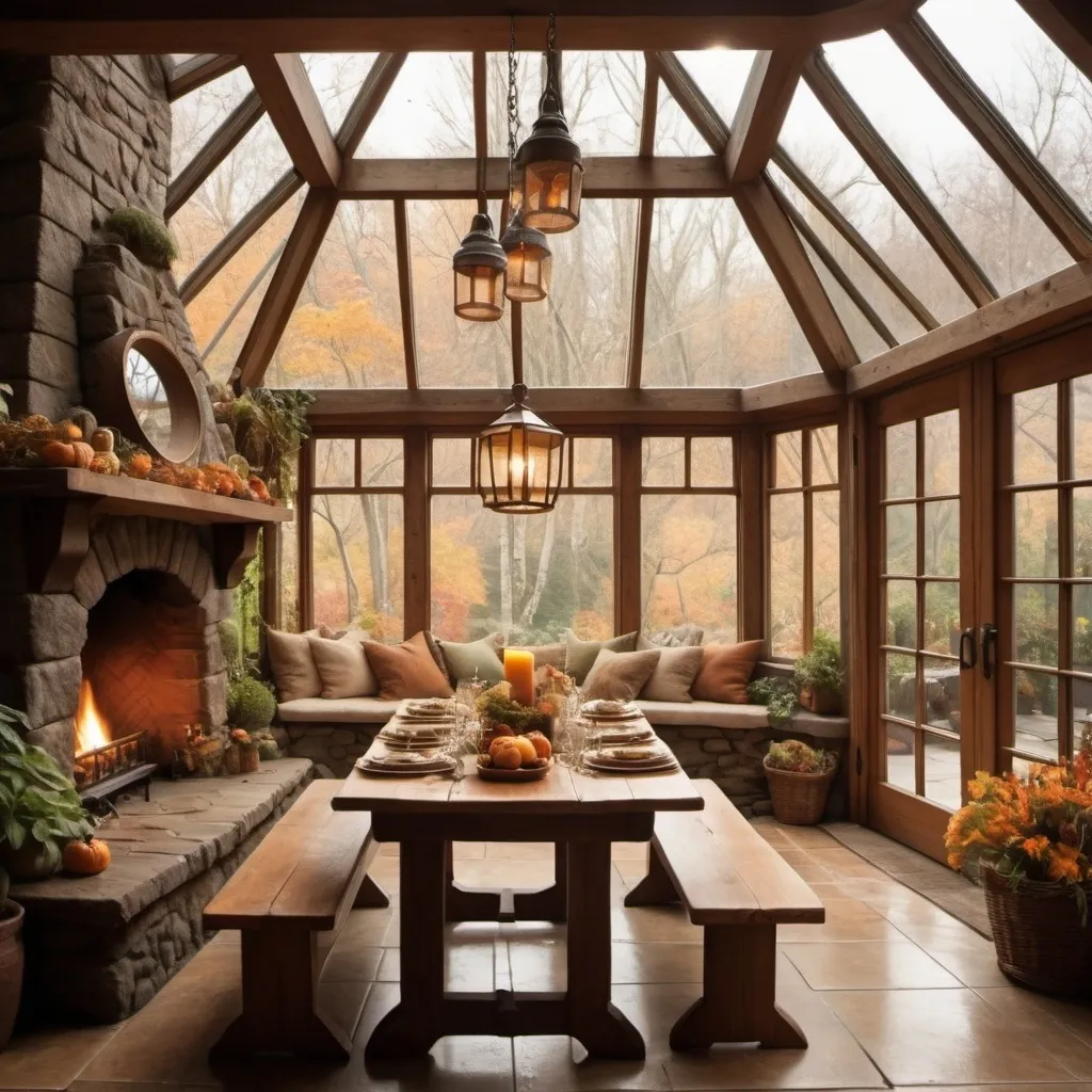 Prompt: Earthy dining room in a sunroom with a FIREPLACE, very cozy like a hobbit hole with natural wood and soft light and nature outside set in fall 