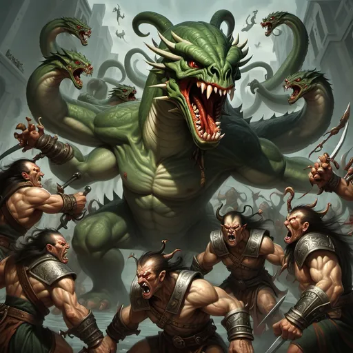 Prompt: a hydra with 6 heads fighting 2 warriors and trolls and orcs are attacking the 2 warriors, I am missing the 2 warriors
