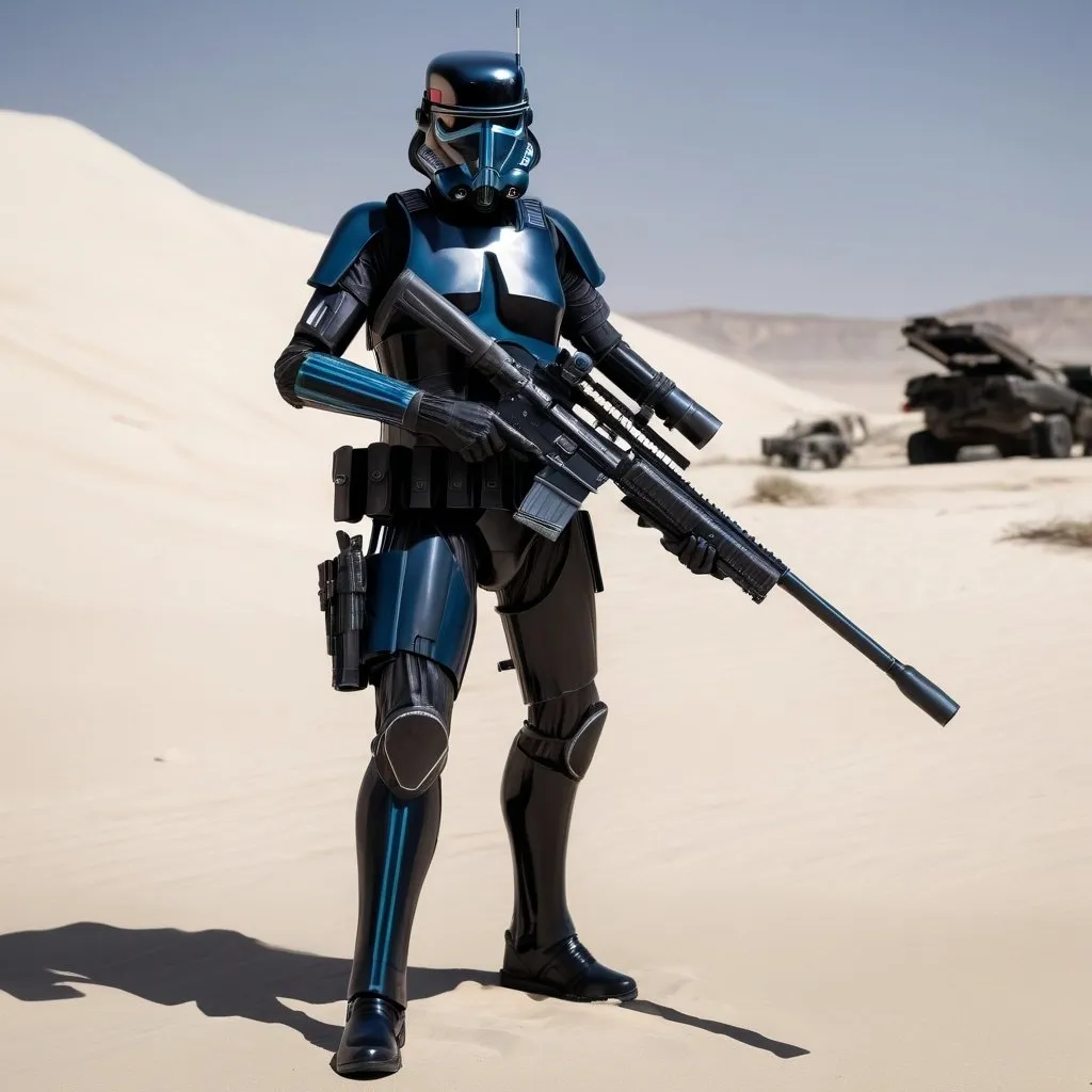 Prompt: A Purge trooper with a 6 foot long sniper