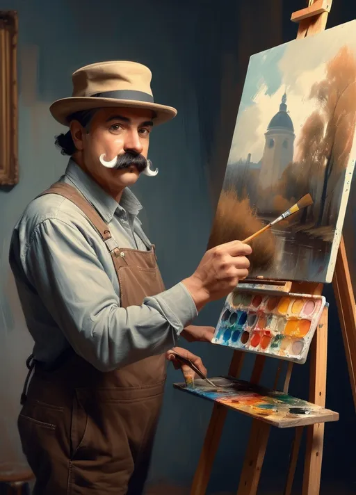 Prompt: a man with a mustache and a hat holding a paintbrush and a palette in his hand and a painting on a easel, Alejandro Burdisio, post-impressionism, professional digital painting, a matte painting