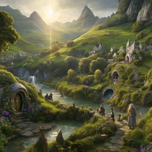 Prompt: Realistic portrayal of the Shire in 1080p, large scale image, detailed depiction of Gandalf the Grey and Bilbo Baggins, Bag End exterior, lush green landscapes, peaceful and idyllic setting, realistic art style, detailed facial features, intricate pipe design, natural lighting, detailed textures, high quality, detailed scenery, realistic, peaceful, idyllic, lush green, Gandalf the Grey, Bilbo Baggins, Bag End exterior, detailed facial features, intricate pipe, natural lighting