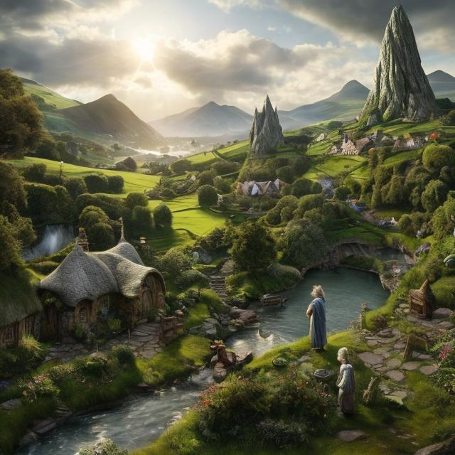 Prompt: Realistic portrayal of the Shire in 1080p, large scale image, detailed depiction of Gandalf the Grey and Bilbo Baggins, Bag End exterior, lush green landscapes, peaceful and idyllic setting, realistic art style, detailed facial features, intricate pipe design, natural lighting, detailed textures, high quality, detailed scenery, realistic, peaceful, idyllic, lush green, Gandalf the Grey, Bilbo Baggins, Bag End exterior, detailed facial features, intricate pipe, natural lighting