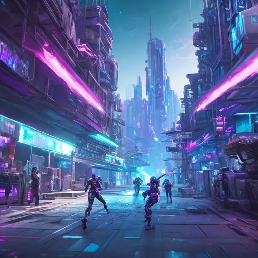 Prompt: Futuristic Fortnite 2025 concept art, high-tech materials, urban landscape, intense action, high detail, futuristic style, vibrant colors, dynamic lighting, professional rendering, highres, detailed characters, sci-fi, futuristic, action-packed, cyberpunk, vibrant tones, dynamic poses, intense energy, advanced technology, professional lighting