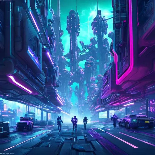 Prompt: Futuristic sci-fi illustration of a Fortnite 2050, high-tech weaponry, advanced cybernetic armor, neon-lit urban landscape, intense action-packed scene, ultra-detailed, highres, futuristic, sci-fi, cybernetic, advanced weaponry, neon-lit, intense action, urban landscape, professional, atmospheric lighting, vibrant color tones