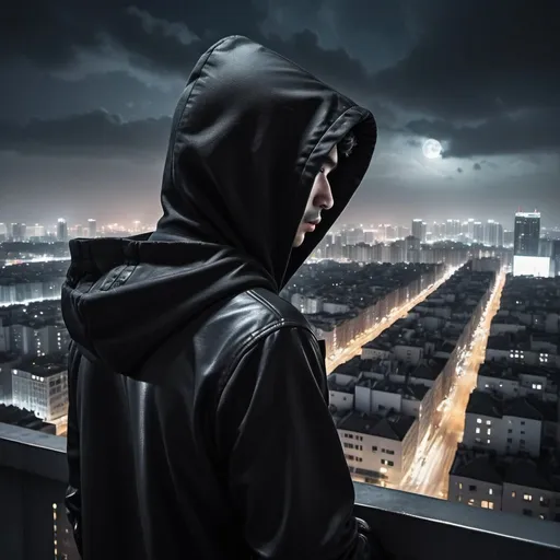 Prompt: A gay looking down from a high building to a live city at night, wearing black Hood, Dark and cloudy weather, his Chen appears, the view is behind his shoulder, realistic, reality image , really smart