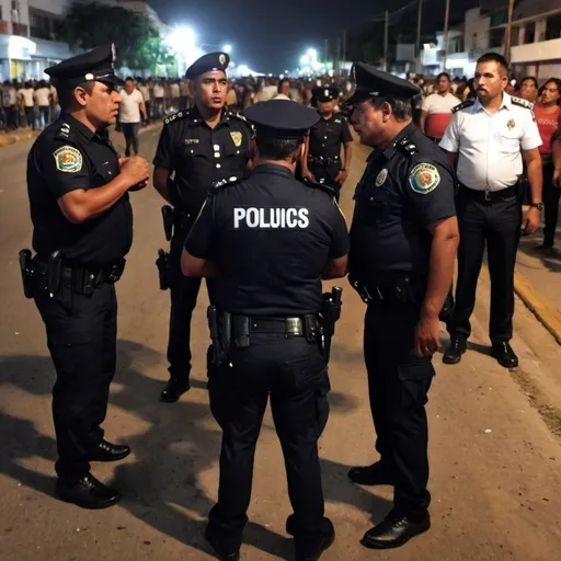 Prompt: elabora una imagen un viernes de guacherna en barranquilla a las 11pm
donde hay tres policías y dos de ellos le disparan a dos hermanos que estaban en el desfile. uno de los hermanos muere inmediatamente y el otro queda gravemente herido. QUE SE VEA HECHO CON IA