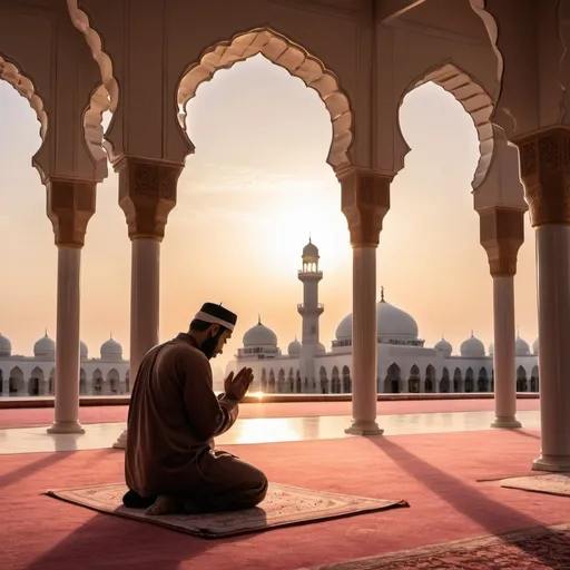 Prompt: Muslim praying in a mosque, traditional Islamic architecture, elegant calligraphy, serene atmosphere, high quality, detailed, Islamic art, spiritual, traditional clothing, peaceful ambiance, Arabic calligraphy, soft lighting, tranquil, meaningful, religious, unique design, cultural, tranquil environment, sunset hues, indoor setting