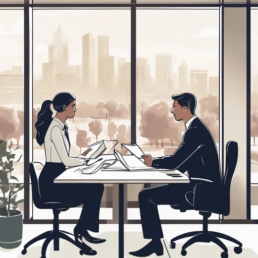 Prompt: can you make an illustration of a man and a woman, both wearing business casual attire, speaking to one another across a desk with a window in the background and a park landscape outside?