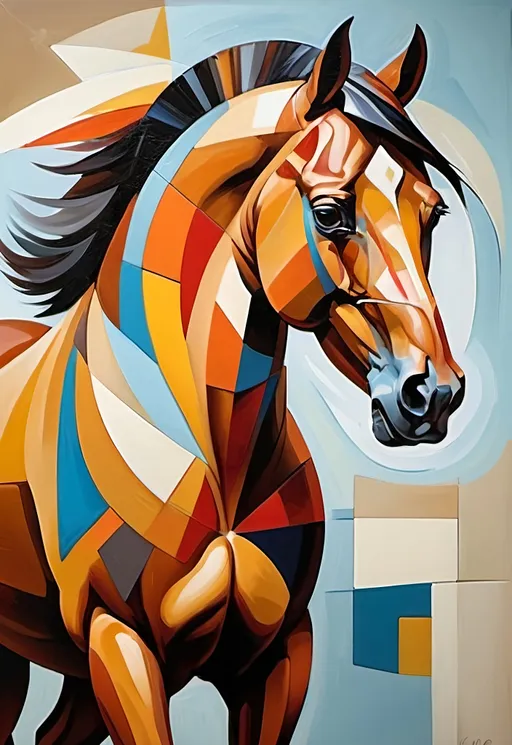 Prompt: "A vibrant cubist interpretation of a horse, characterized by fragmented geometric shapes and bold colors. The scene is infused with dynamic brush strokes typical of oil painting, highlighting the horse's powerful form and movement. Emphasize an emotionally charged atmosphere, where the abstraction conveys energy and freedom, while still capturing the essence of the horse's anatomy. The background should feature a playful mix of abstract elements that enhance the composition without overpowering the focal subject."