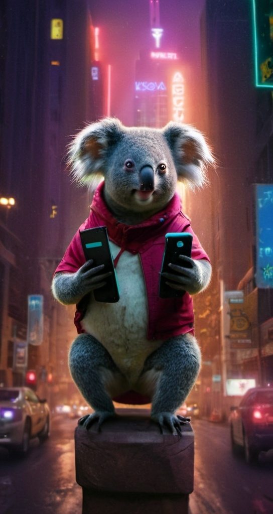 Prompt: a koala holding a cell phone in a city street at night with neon lights and buildings in the background, Chris LaBrooy, furry art, weta digital, concept art