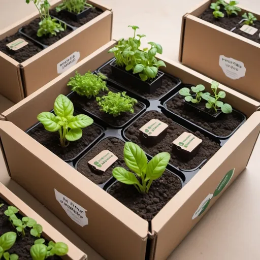 Prompt: Create the image of what the prototype of an Urban Organic Farming Kit would look like . Let this kit include Modular planters( easily connecting ), pre-packaged organic soil mix , seed packs , basic gardening tools small , instruction manual.Let all of this be in an eco friendly box design with good branding 
