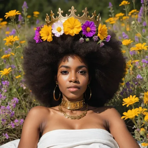 Prompt: black woman with a large afro and flowers all in her hair laying in a bed of wildflower with a crown on her head while wearing a golden choker
