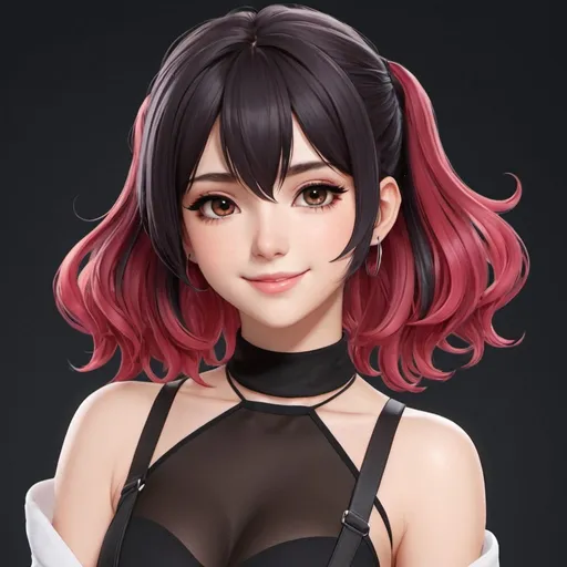 Prompt: A masterpiece quality, ultra-detailed, high quality, high resolution portrait of an Argentine Vtuber named NimuVT. She has two-tone hair with short black hair with slightly messy bangs, long red hair with the interior colored black, partially covering her eyes. She has dark brown eyes, one black and the other red. She has a slender build. She is smiling and wearing a black choker. She is dressed in torn black shorts, blue tennis shoes, and a pink cropped blouse with straps. She is holding an axe in her right hand, has a backpack on her back, and is wearing a jacket with bare shoulders. She is looking at the viewer against a black background