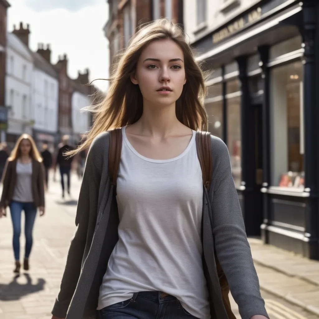 Prompt: Tall young woman walking down the high street, detailed clothing, realistic, natural lighting