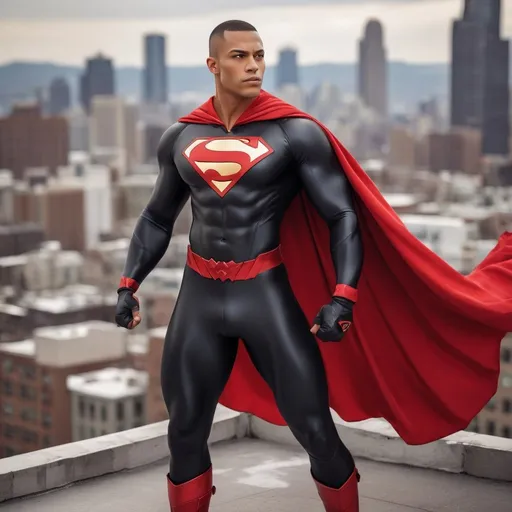 Prompt: Realistic painting of a muscular, mulatto male superhero in black spandex, red boots, and a large 'I' logo on his chest, wind blowing a red cape, standing on a city rooftop, detailed facial features, realistic style, vibrant colors, dynamic pose, high quality, realistic, muscular, superhero, mulatto race, black spandex, red boots, 'I' logo, red and gold accents, city rooftop, flowing cape, detailed facial features, vibrant colors, dynamic pose, professional lighting