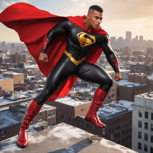 Prompt: Realistic painting of a muscular, mulatto male superhero in black spandex, red boots, and a large 'I' logo on his chest, wind blowing a red cape, standing on a city rooftop, detailed facial features, realistic style, vibrant colors, dynamic pose, high quality, realistic, muscular, superhero, mulatto race, black spandex, red boots, 'I' logo, red and gold accents, city rooftop, flowing cape, detailed facial features, vibrant colors, dynamic pose, professional lighting