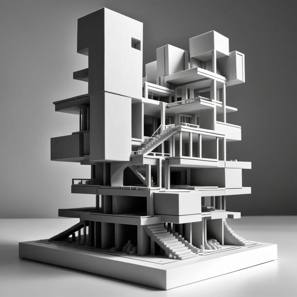 Prompt: Generar una imagen de una maqueta arquitectónica con una estructura cuadrada, que transmita el concepto del 'vacío' como un sentimiento de soledad. La maqueta debe tener pliegues rectos en las paredes y techos, creando ángulos definidos y un diseño geométrico. Los espacios deben sentirse amplios y vacíos, con grandes áreas despojadas de detalles, representando la soledad y el aislamiento. La luz natural debe ser tenue, acentuando la sensación de silencio y vacío emocional dentro de la estructura