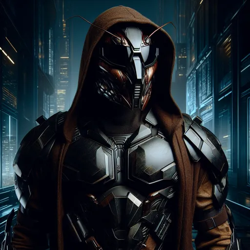 Prompt: Menacing male figure in futuristic cyberpunk armor, black and dark brown color scheme, roach-like brown and black helmet, intimidating black goggles, high-tech cyberpunk setting, detailed armor with dark reflections, futuristic and menacing vibe, best quality, cyberpunk, futuristic, menacing, dark color scheme, detailed armor, high-tech, intense gaze