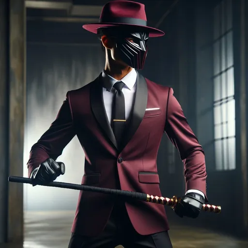 Prompt: Tall, thin male in maroon jacket and tie, black pants, white shirt, maroon and gold bell hop hat, black Dominic mask, holding bo staff in defensive pose, 4k ultra-detailed, surreal, dramatic lighting, mystery, deep shadows, masculine, professional, urban noir