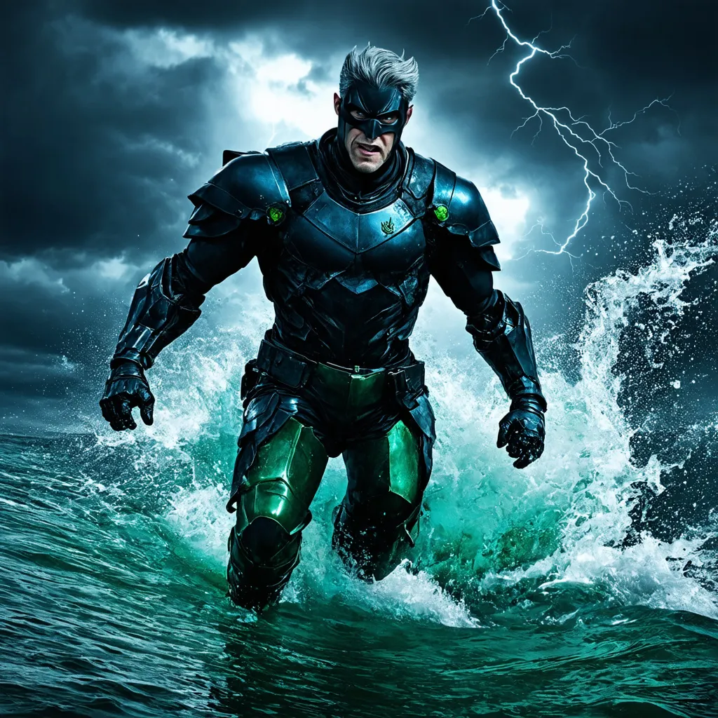 Prompt: (Male supervillain), dark blue and black armor, sea green gloves and gauntlets, sea green boots, sea green crest in chest, black mask, riding a wave of blackish green water, bluish skin, grey hair, dramatic lighting, high contrast, dark and ominous atmosphere, stormy sky background with lightning, splashes of water, menacing expression, cinematic masterpiece, ultra-detailed, 4K.