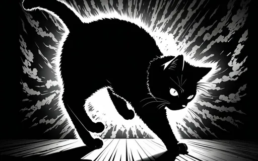 Prompt: Anime cat, high contrast, mysterious aura, monochromatic tones, dynamic poses, dramatic lighting, intricate details, highres, anime, shadowy, mysterious, monochrome, dynamic poses, dramatic lighting, detailed