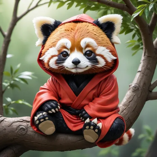 Prompt: A chibi red panda lying down on his back relaxing on a branch of a tree wearing a hooded robe outfit, he is looking off in the distance
