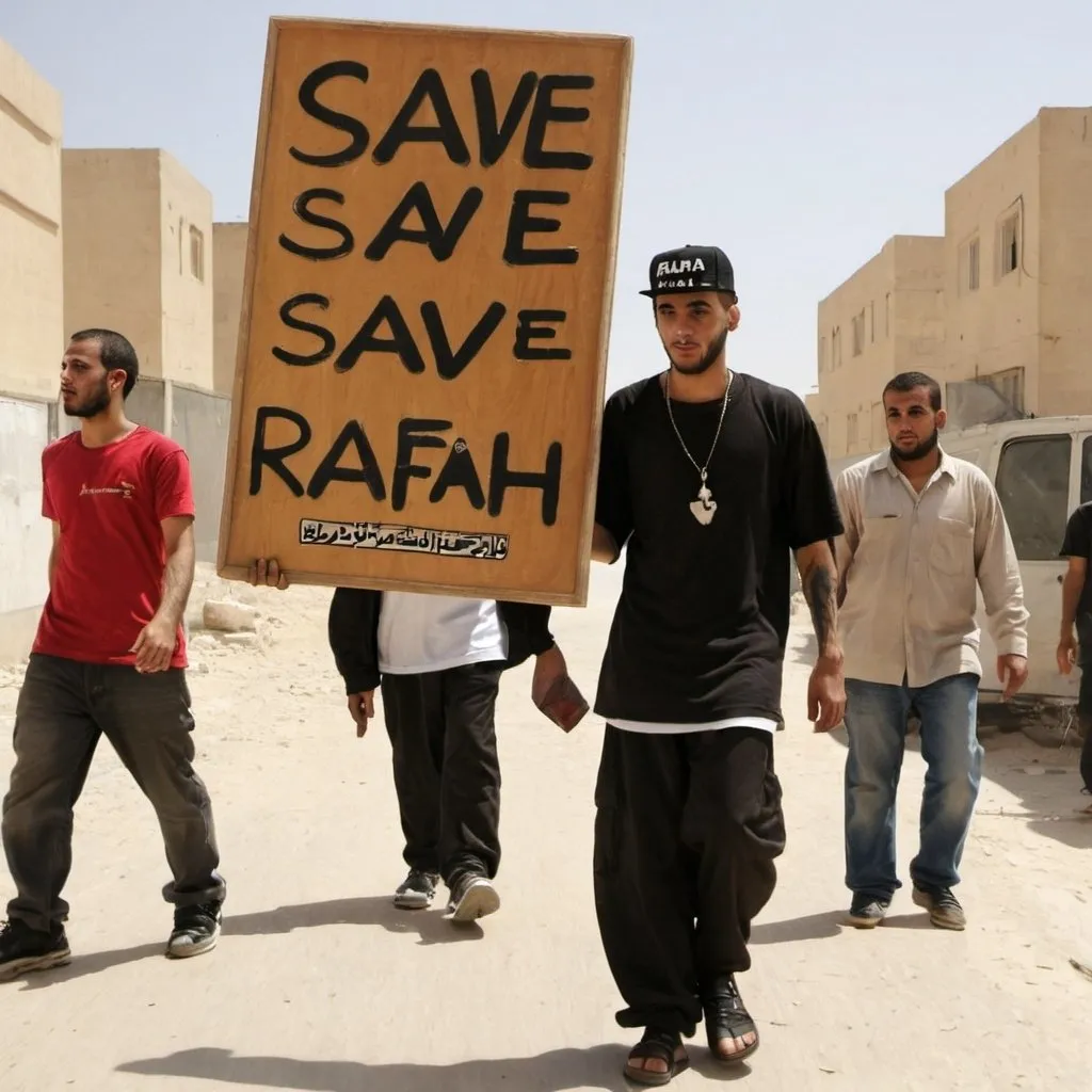 Prompt: A RAPPER CARRIES A BOARD SAYING "SAVE RAFAH"