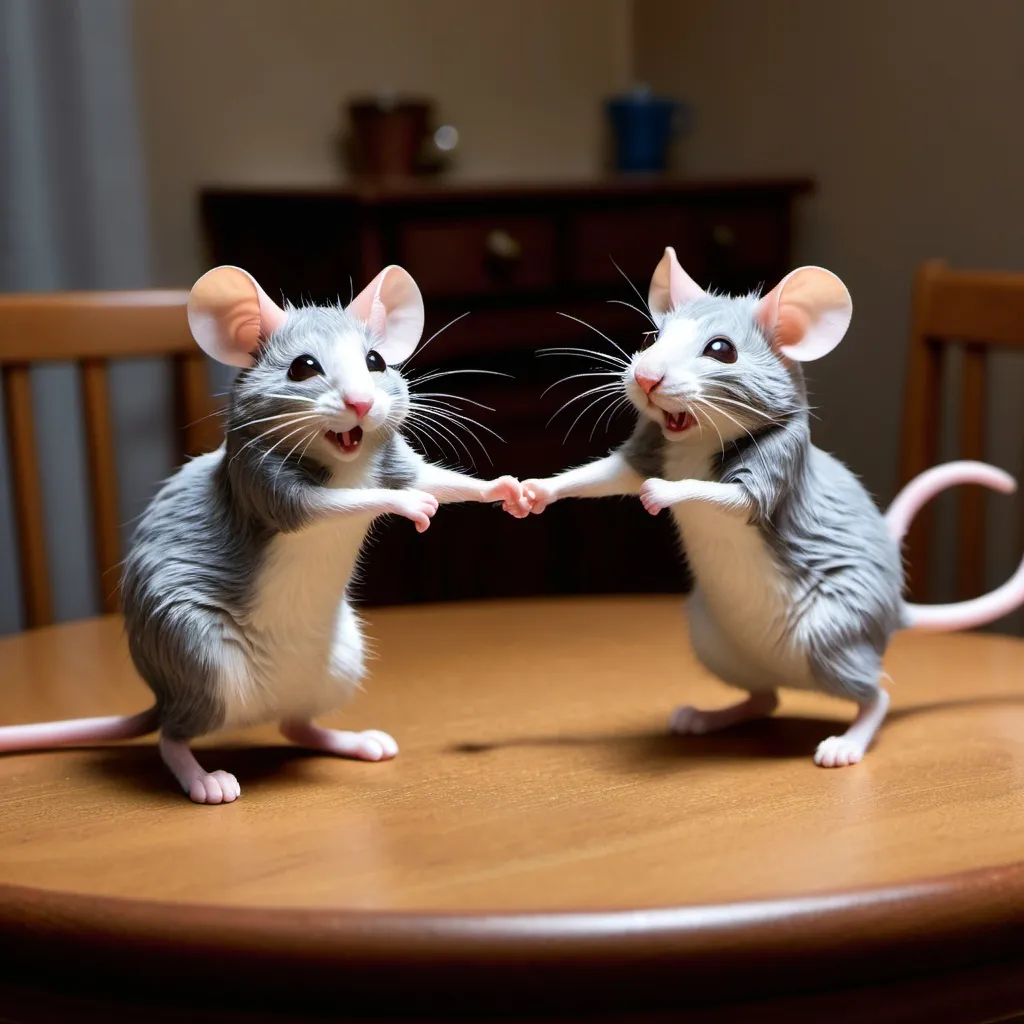 Prompt: Als de kat van huis is, dansen de muizen op tafel