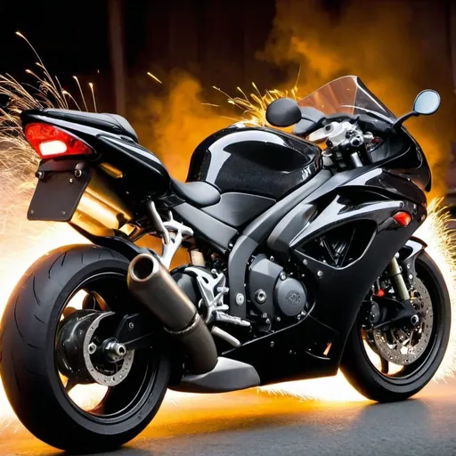 Prompt: sport bike with sparks coming out of an engine