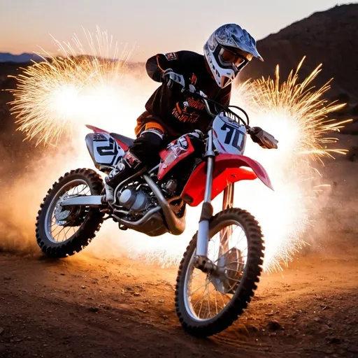 Prompt: dirt bike with sparks coming out of an engine