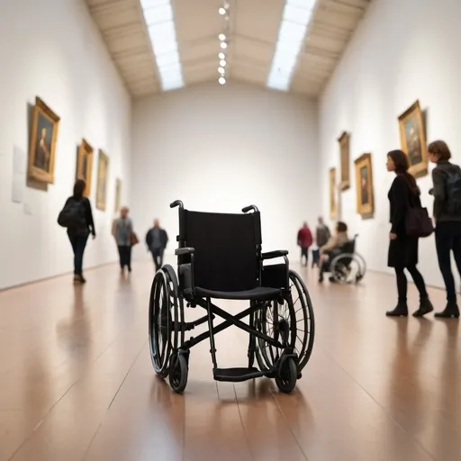 Prompt: An empty wheelchair in the center of a museum exhibition,
In the background a lot of people walk quickly (blurred), the chair in the center of the space remains in focus.