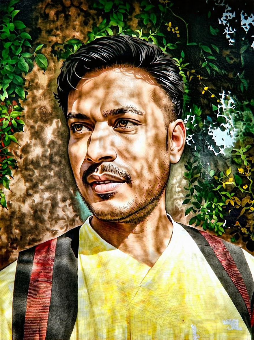 Prompt: a man standing next to a painting of a woman with a camera in his hand and a camera in his other hand, Bikash Bhattacharjee, bengal school of art, profile picture, a fine art painting