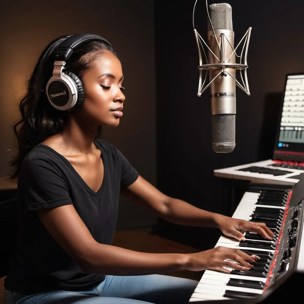 Prompt: A LADY SITTING AND PRODUCING MUSIC