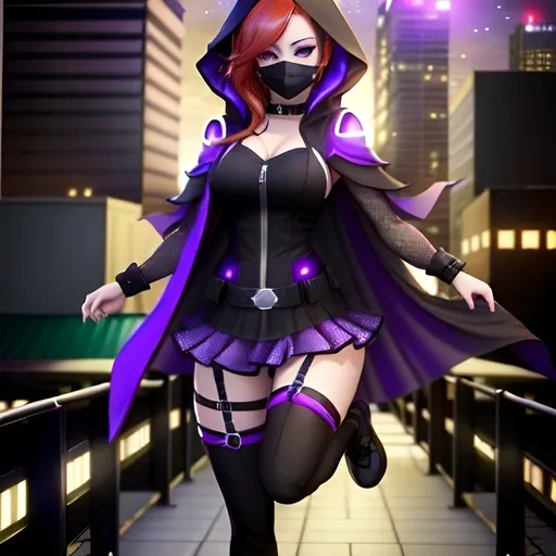 Prompt: cute full body female, bright red hair, green eyes, black and purple super hero costume, hooded costume, half face mask, action pose, city rooftops background, natural lighting, high quality, detailed, superhero, vibrant colors, dynamic pose, urban setting, bright lighting