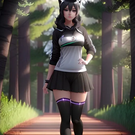 Prompt: Cute full body female, straight black hair, green eyes, casual athletic clothing, forest background, natural lighting, high quality, detailed eyes, realistic, outdoor, natural tones, athletic, professional, atmospheric lighting, vibrant colors