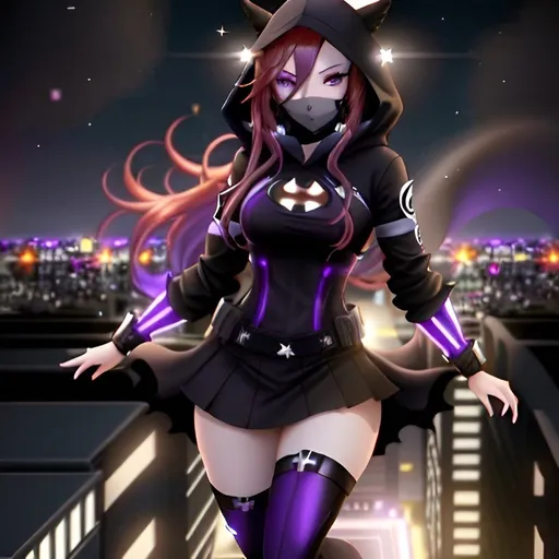 Prompt: cute full body female, long bright red hair, green eyes, black and purple super hero costume, hooded costume, half face mask, action pose, city rooftops background, natural lighting, high quality, detailed, superhero, vibrant colors, dynamic pose, urban setting, bright lighting