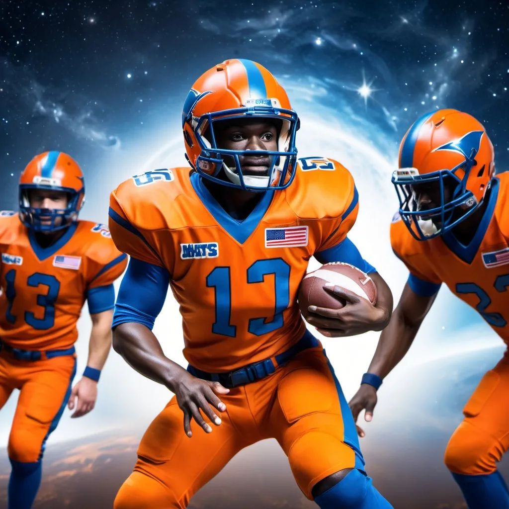 Prompt: bobcats wearing orange/blue uniform playing american football in space.