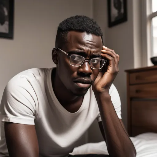 Prompt: An African man all alone in his room having a mental breakdown. He is using glasses, and his complexion chocolate with a low fade well brushed haircut