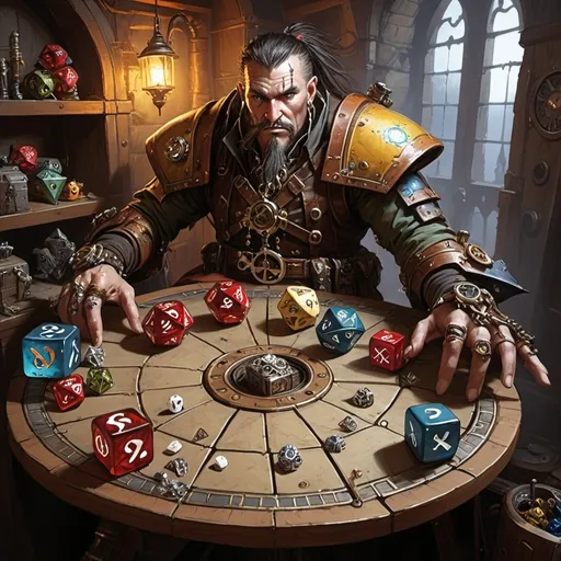 Prompt: A Dungeons and Dragons steampunk warforge made from 20 sided and other table top game dices of various colors in the high fantasy art style of Simon Bisley