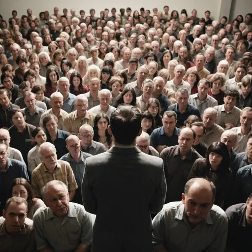 Prompt: crowd of humans, a man in the center and the highest in the room