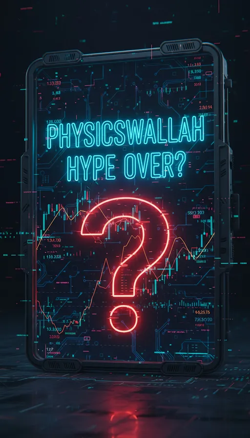 Prompt: A vertical image of a futuristic, dark stock market data screen. In the center, giant, glowing blue neon text reads "PHYSICSWALLAH HYPE OVER?". Below it, a large flickering red neon question mark "?". Circuit board patterns glow faintly in the background. Aspect ratio 9:16